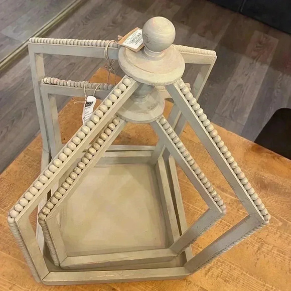 NWT MUD PIE Gray Beaded Lantern Set | Mango Wood - Picture 3 of 4